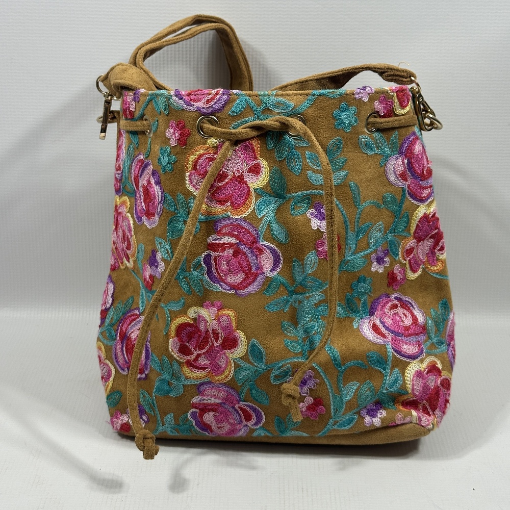 Beya Bucket Bag Womens Brown Floral Embroidered Boho Crossbody Shoulder bag